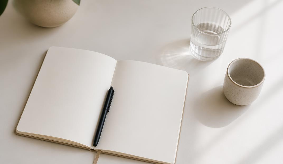 Open notebook and glass of water on a bright desk
